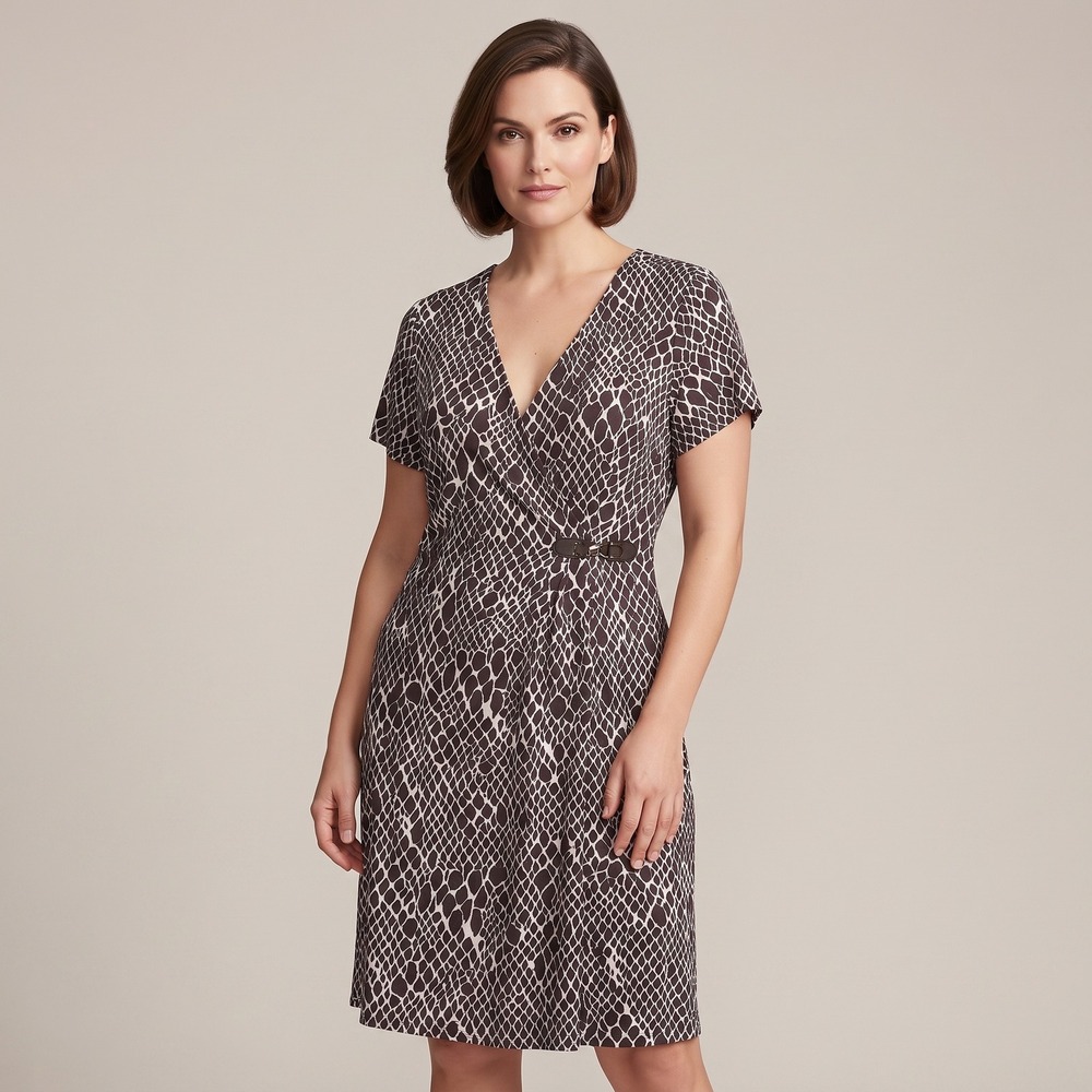 Charter Club Faux Wrap Dress Women 1X Brown White Snakeskin V-Neck Excellent